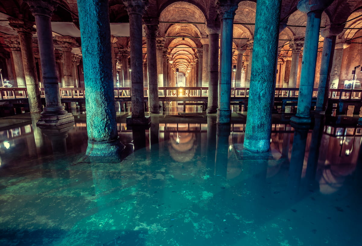 Interior of the Basilica Cistern in Istanbul with historic columns