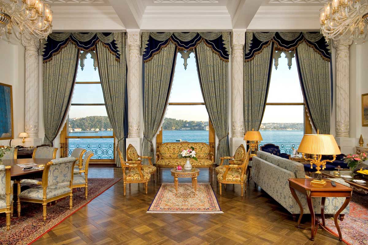 Elegant interior at Ciragan Palace with views over the Bosphorus in Istanbul