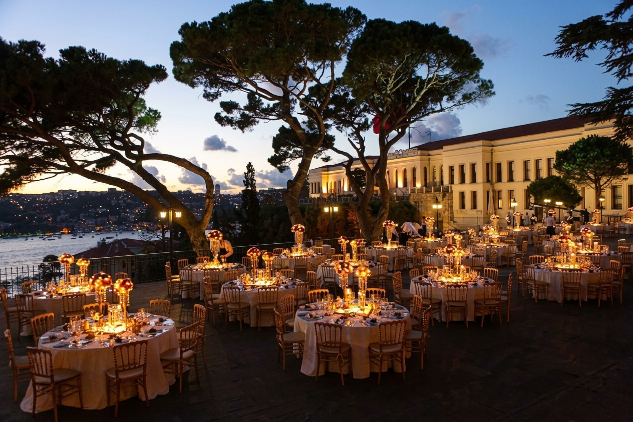 Outdoor gala dinner setup at Adile Sultan Palace in Istanbul