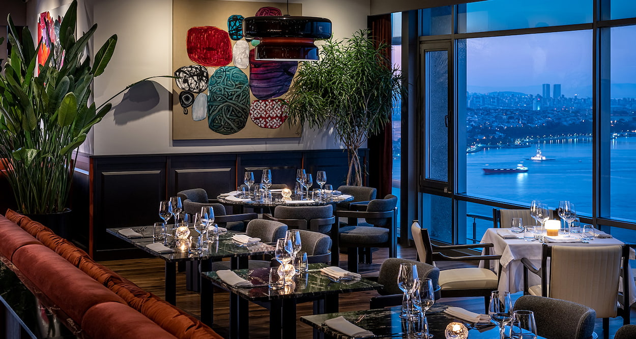 Elegant restaurant interior with Bosphorus views in Istanbul