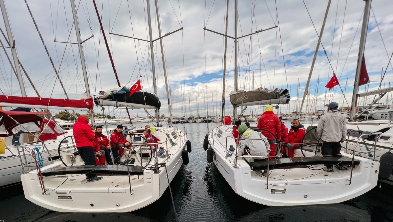 Corporate team building group on two sailing boats during a sailing activity in Istanbul