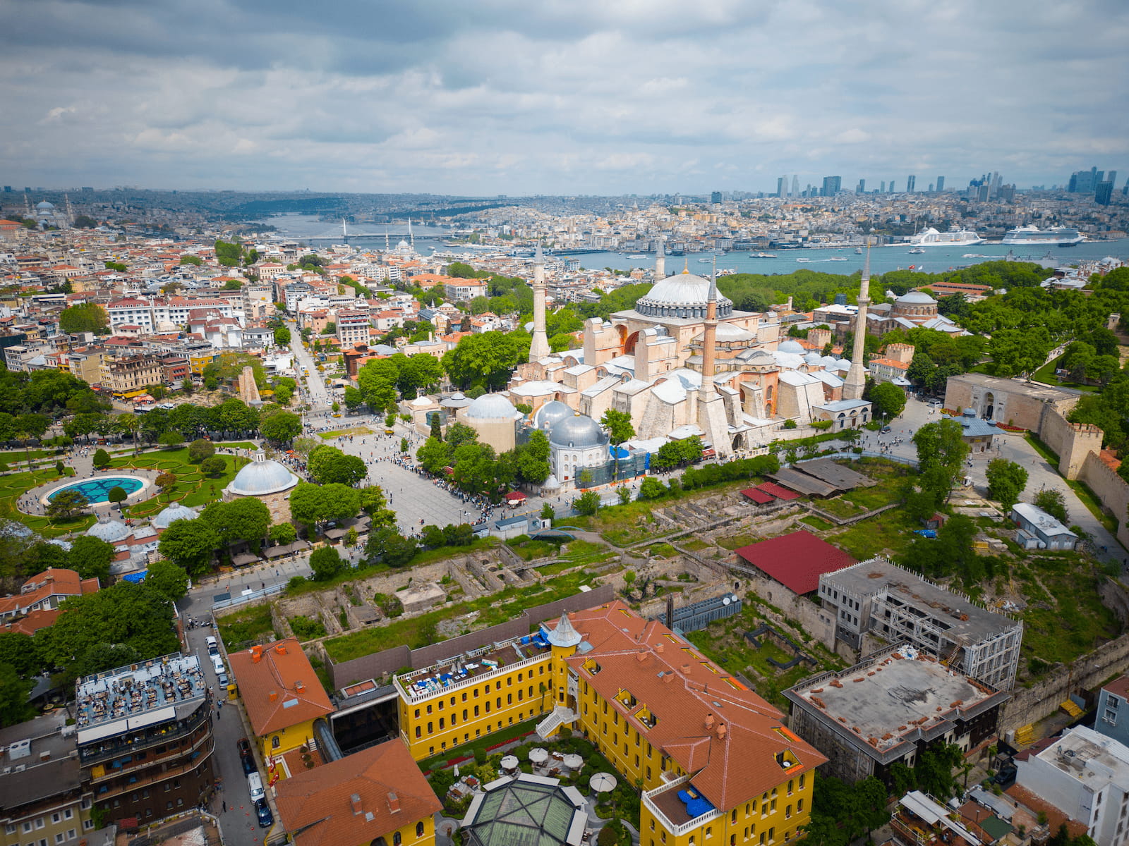 Aerial view of Hagia Sophia and Istanbul's Historic Peninsula with the Bosphorus in the background